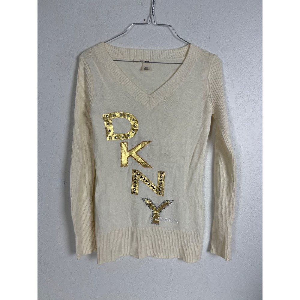 DKNY Cream Sweater Gold Spellout Rhinestones XS V-Neck